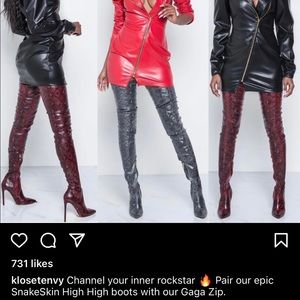 Red snakeskin thigh high boots